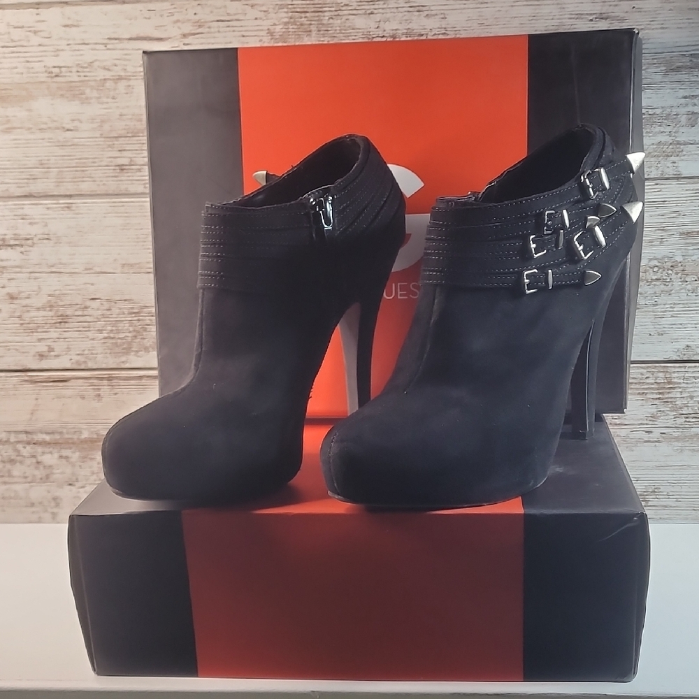 Guess Black Suede High-Heel Ankle Boots with Buckle Straps
